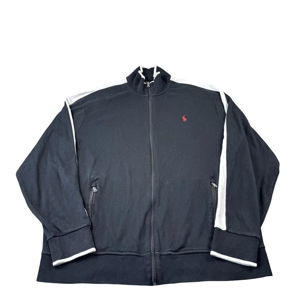 Polo Ralph Lauren Black White Tipped Red Pony Full Zip Track Jacket Size 2XL XXL